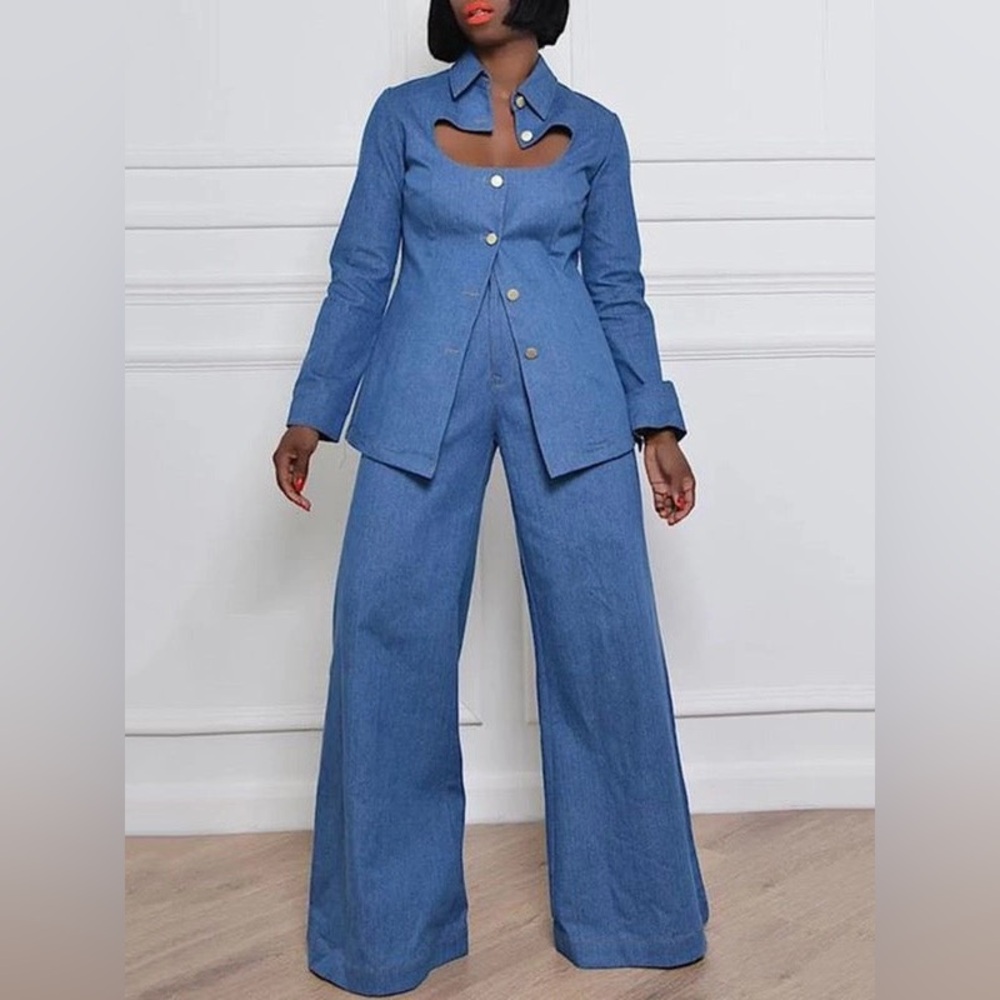 Passion of Essence Blue Wide-Leg Pantsuit with Cutout Jacket - Picture 3 of 5